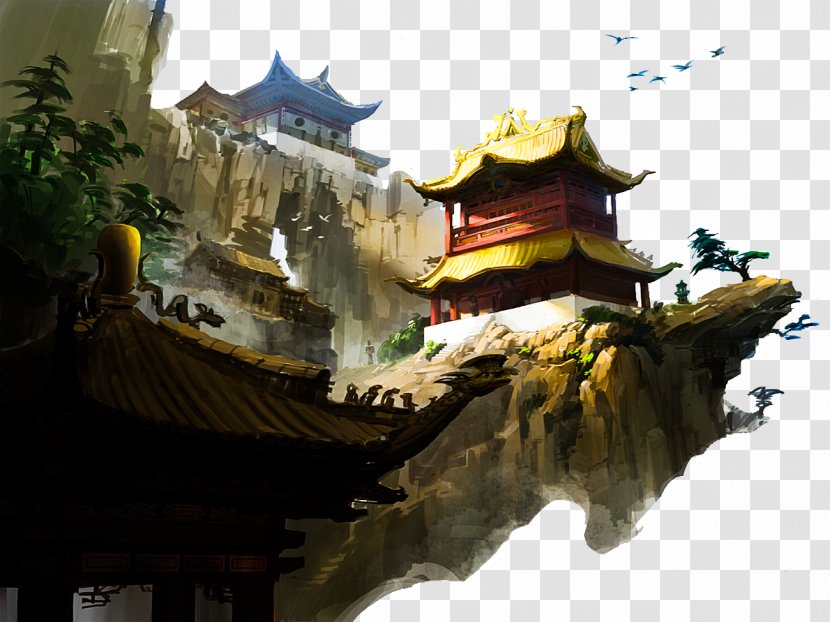 Download MP3 Days Go Slow Mystic Sunset - Screenshot - Hand-painted Temple Transparent PNG