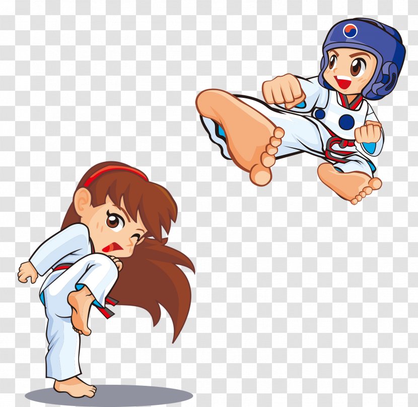 Taekwondo For Kids Kick Martial Arts - Cartoon - Male And Female Athletes Transparent PNG