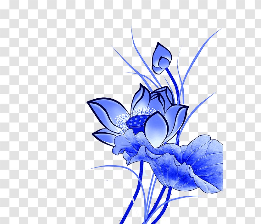 Blue And White Pottery Motif Clip Art - Flowering Plant - Lotus Transparent PNG