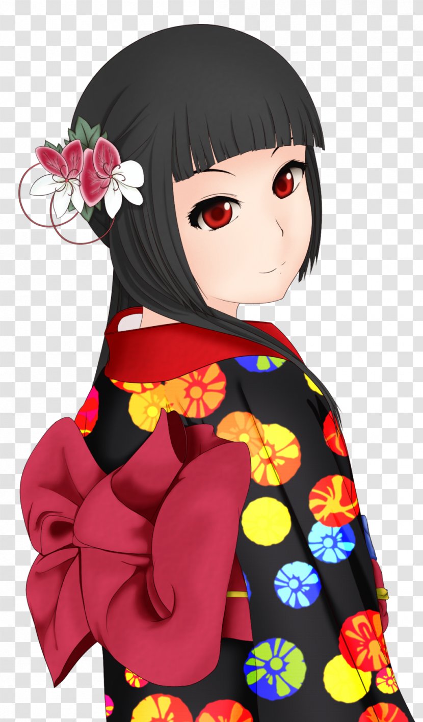 Black Hair Brown Character Clip Art - Watercolor - Kimono Doll Transparent PNG
