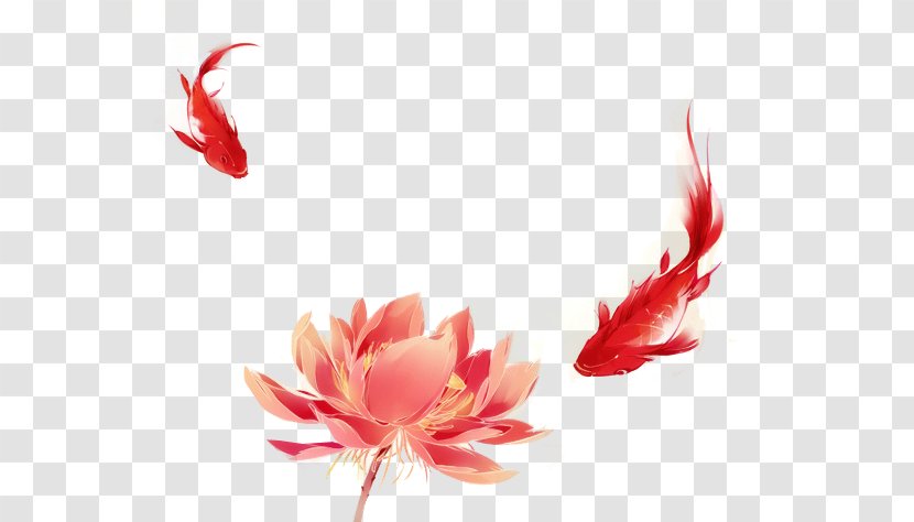 Koi Watercolor Painting Illustration - Plant - Red Lotus And Carp Transparent PNG