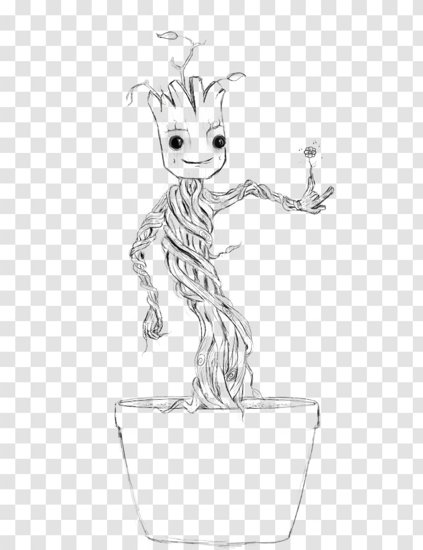 Baby Groot Rocket Raccoon Black And White Drawing - Art - Cloud Transparent PNG