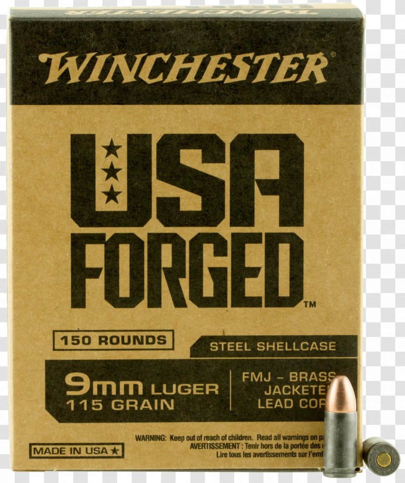 9×19mm Parabellum Full Metal Jacket Bullet Winchester Repeating Arms Company Ammunition Luger Pistol Transparent PNG