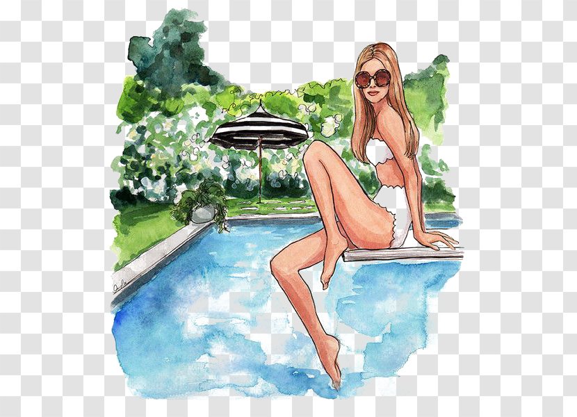 Drawing Fashion Illustration Art - Silhouette - Woman By The Pool Transparent PNG