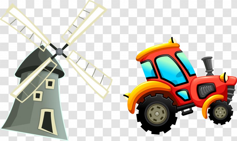 Euclidean Vector Tractor Automotive Design Cartoon - Windmill - Hand Painted Windmills And Tractors Transparent PNG