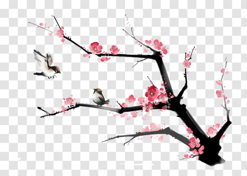 Ink Wash Painting Plum Blossom Bird-and-flower - Pink - Peach Pattern Transparent PNG