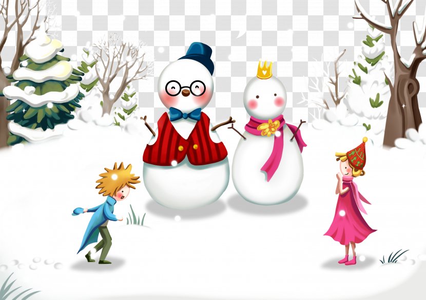 Winter Cartoon Snowman Illustration - Watercolor Painting - Two Children Out Of The Heap Transparent PNG