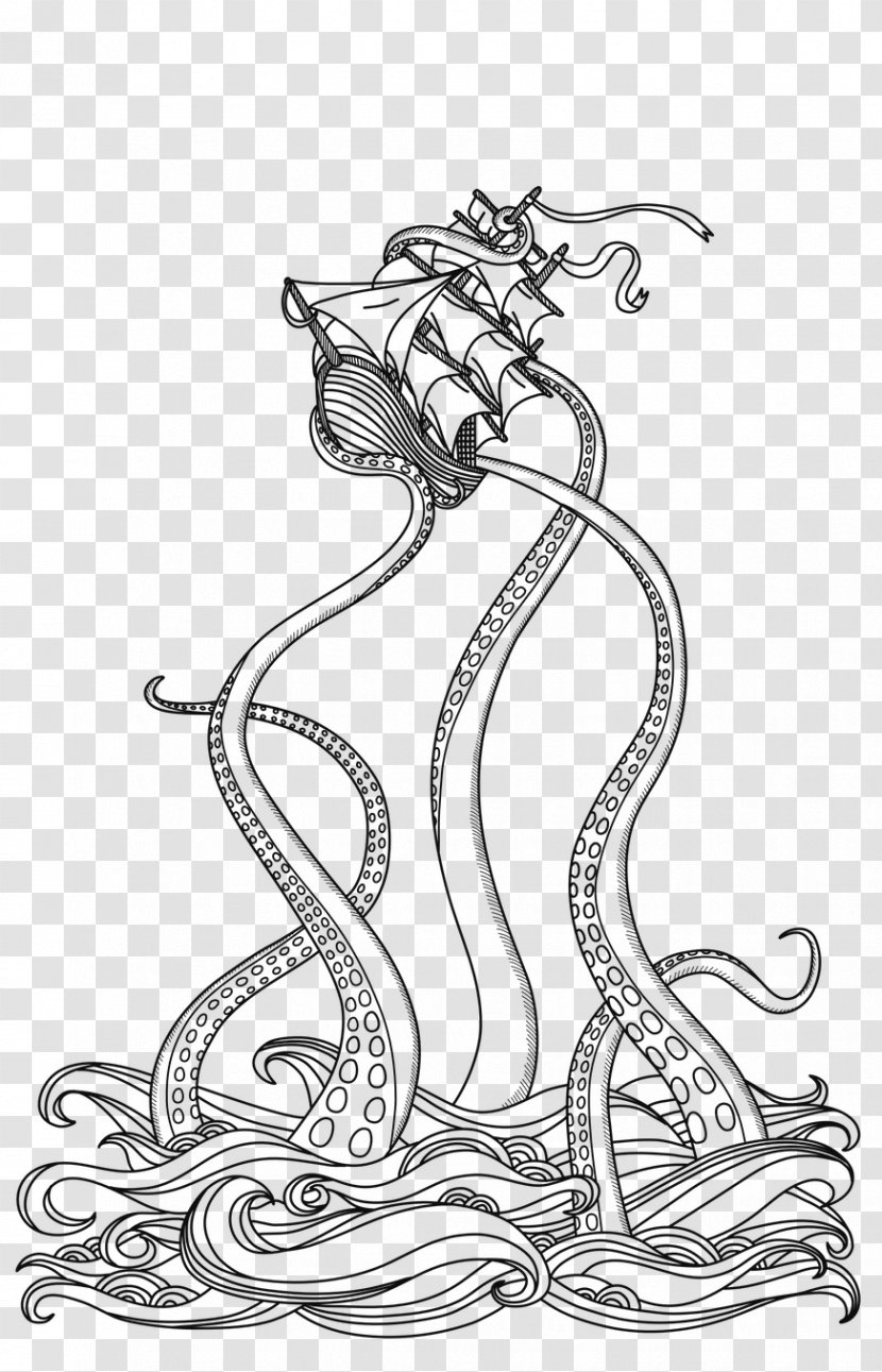 Line Art Drawing Coloring Book Illustration Kraken - Bearded Dragon Transparent PNG