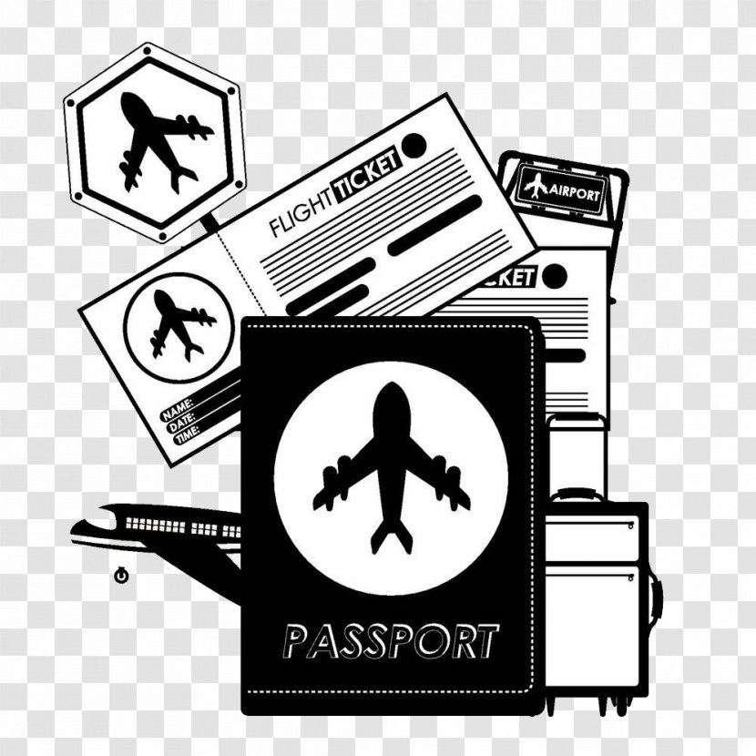 Airplane Passport Travel - Black And White - File Transparent PNG