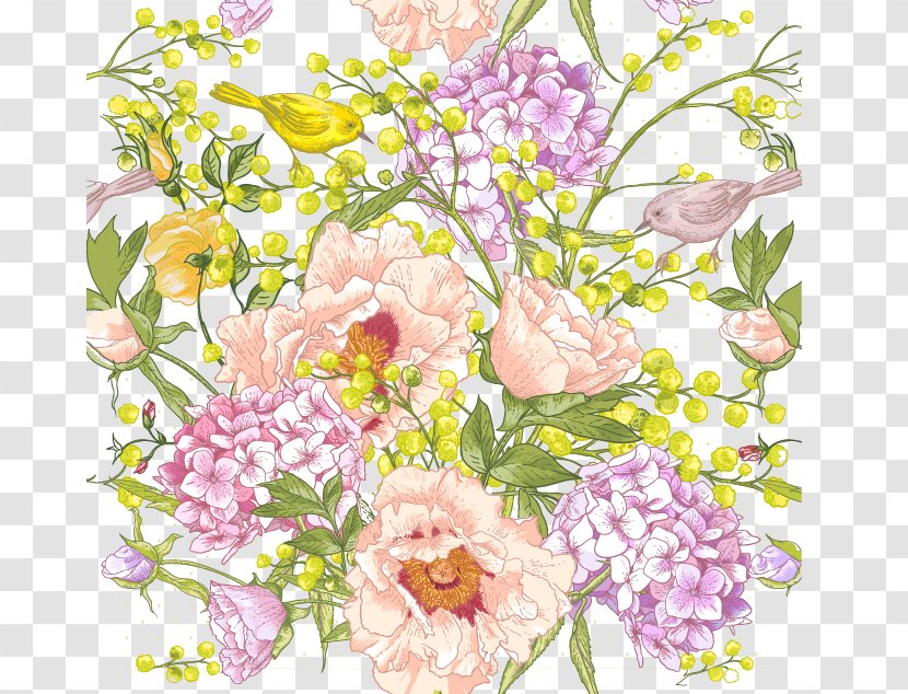 Drawing Royalty-free Art Illustration - Blossom - Spring Flowers Hand-painted Birds Transparent PNG