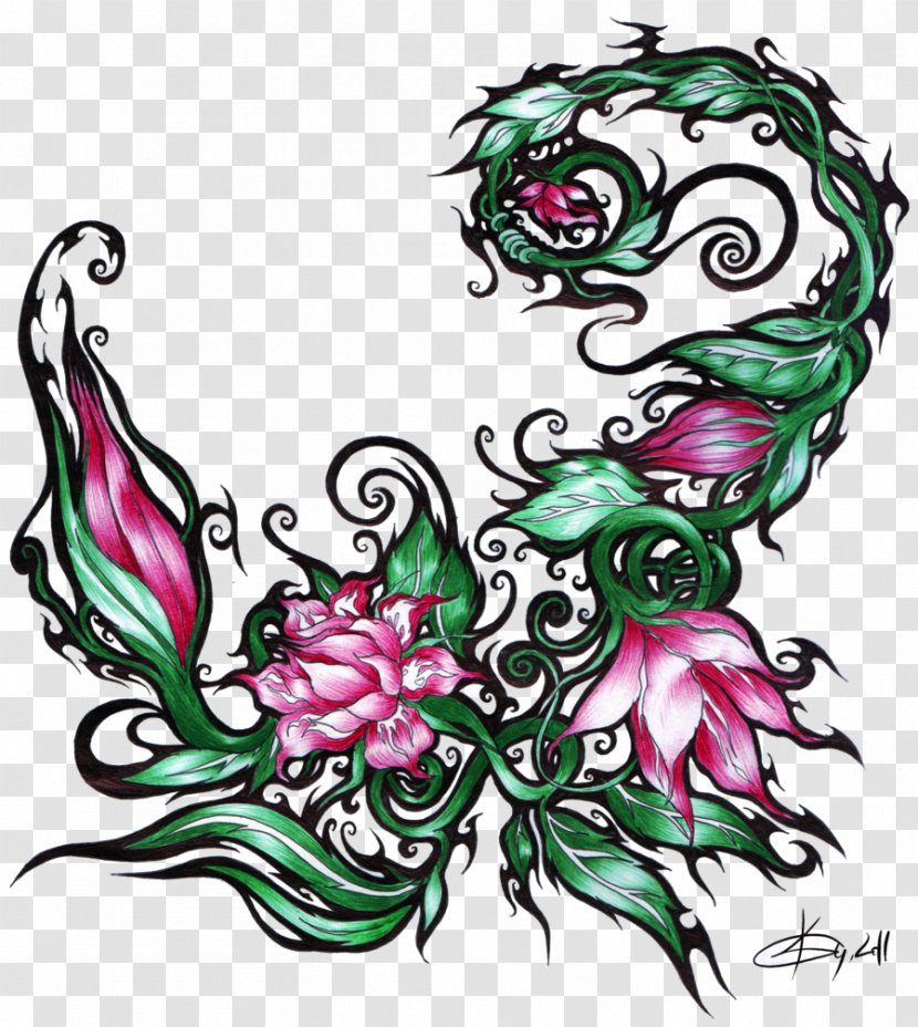 Tattoo Scorpion Flower - Floral Design - Traditional Lotus Plum Blossom Background Transparent PNG