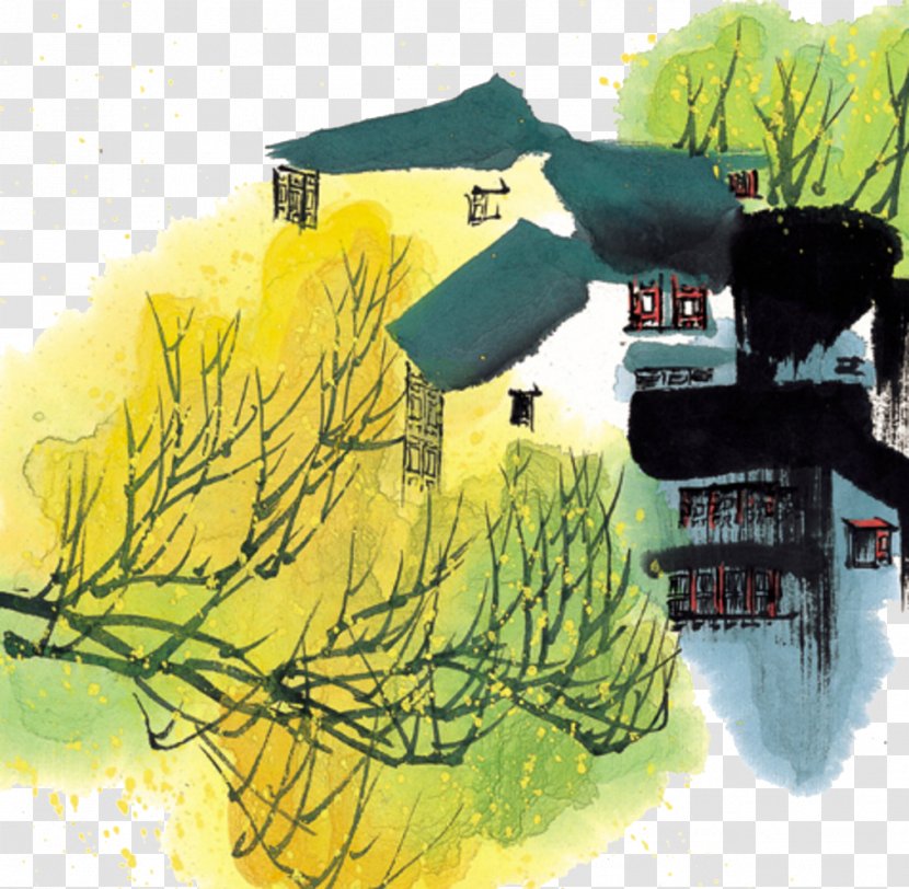 Ink Wash Painting U56fdu753bu5c71u6c34 U6e29u4e00u58f6u6708u5149u4e0bu9152 Watercolor - Tree - Ginkgo Cabin Transparent PNG