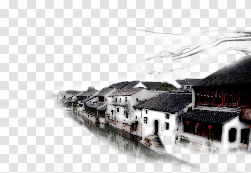 Shanghai Wuzhen Jiangnan Ink Wash Painting Chinese - Frame - Town Building Transparent PNG