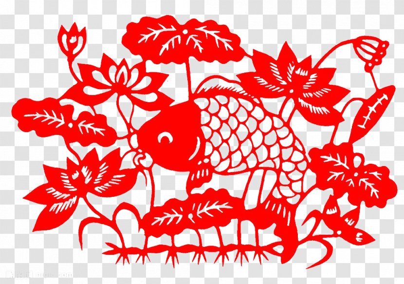 Papercutting Chinese New Year Paper Cutting - Plant - Lotus Carp Red Paper-cut Transparent PNG