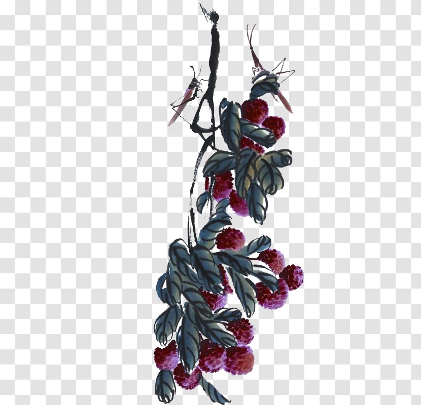 U8354u679d Chinese Painting Work Of Art - A String Litchi On The Grasshopper Transparent PNG