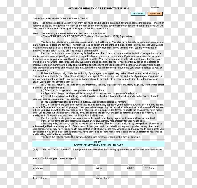 Advance Healthcare Directive Health Care Power Of Attorney Form - Planning Transparent PNG