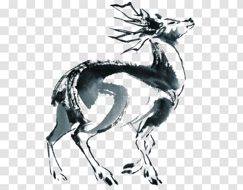 Black And White Deer Visual Arts Ink Wash Painting Chinese - Monochrome Transparent PNG