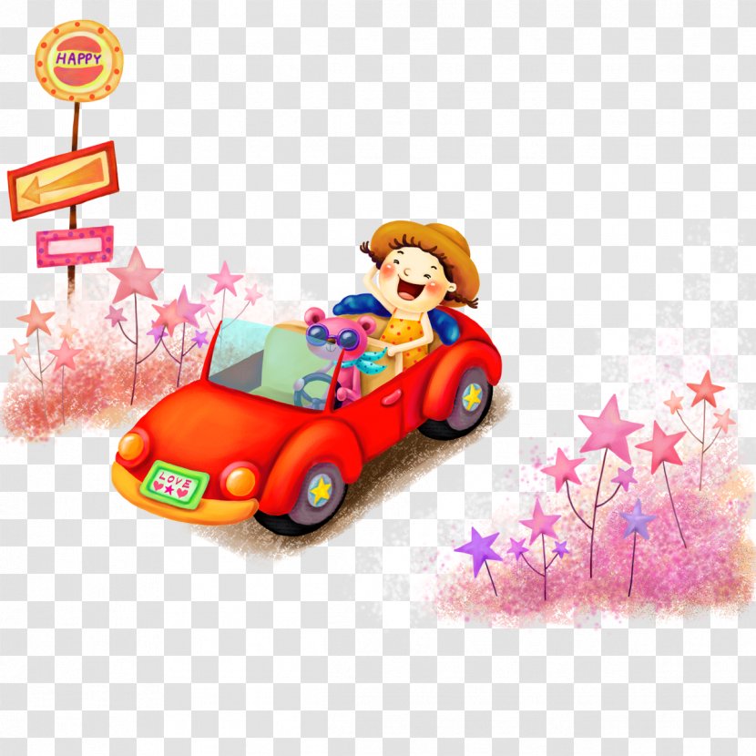 Cartoon Android Text Illustration - Tree - Bear Driving A Red Car And Girls Transparent PNG