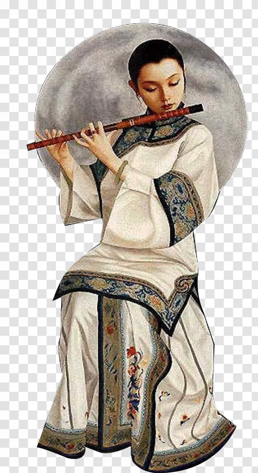 Tea Chinoiserie Poster Ink Wash Painting Web Template - Silhouette - Flute Woman Transparent PNG