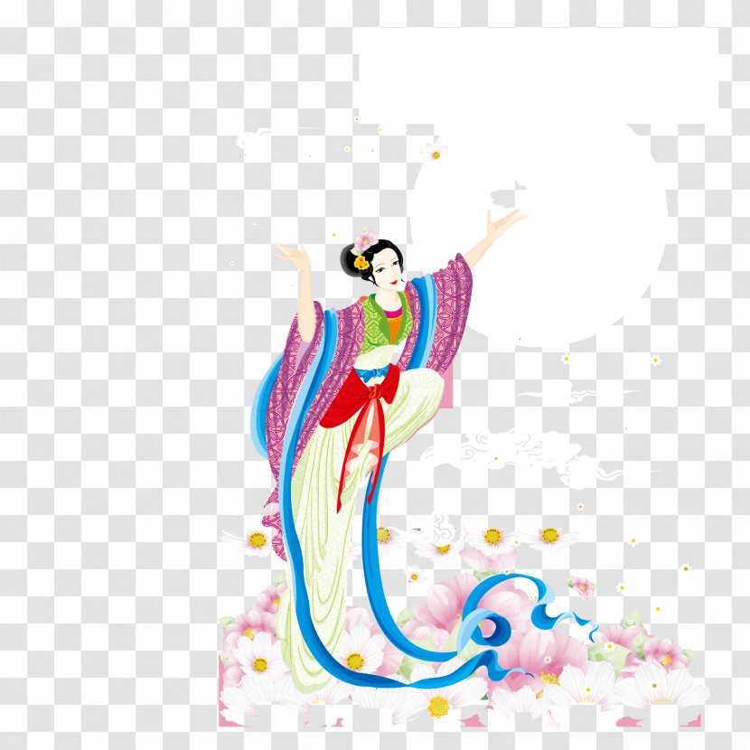 Mooncake Mid-Autumn Festival Change Wallpaper - Cartoon - Dancing Women In Flowers Transparent PNG