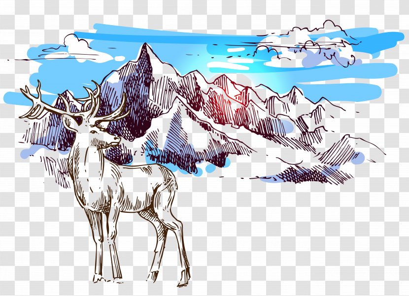Drawing Illustration - Fictional Character - Deer And Snowy Mountains Transparent PNG