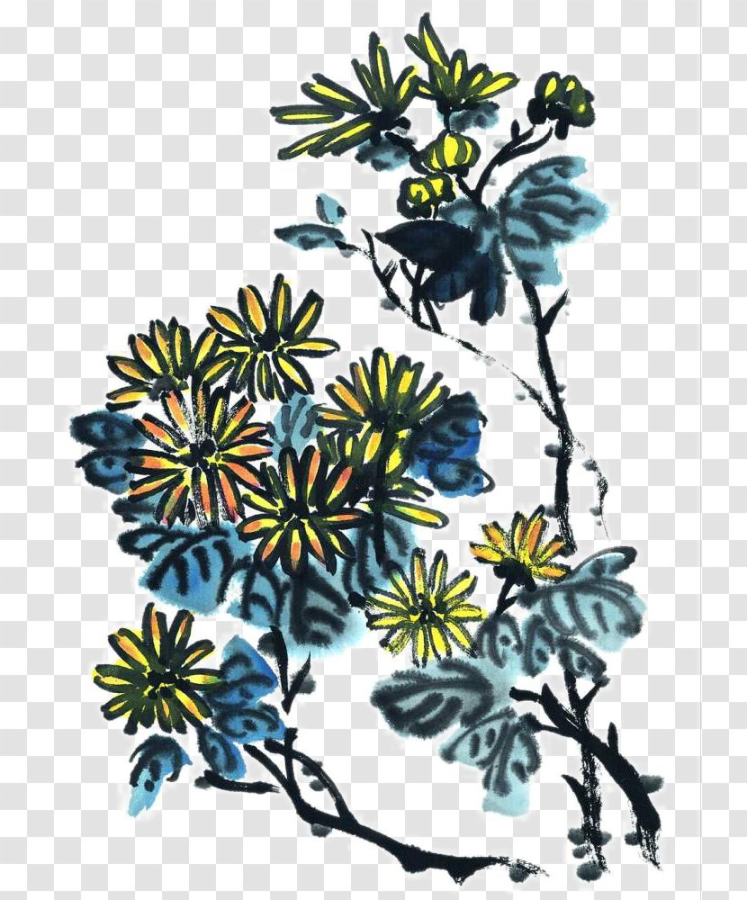 Inkstick Ink Wash Painting U5199u610fu753b - Branch - Aquarene Chrysanthemum Transparent PNG