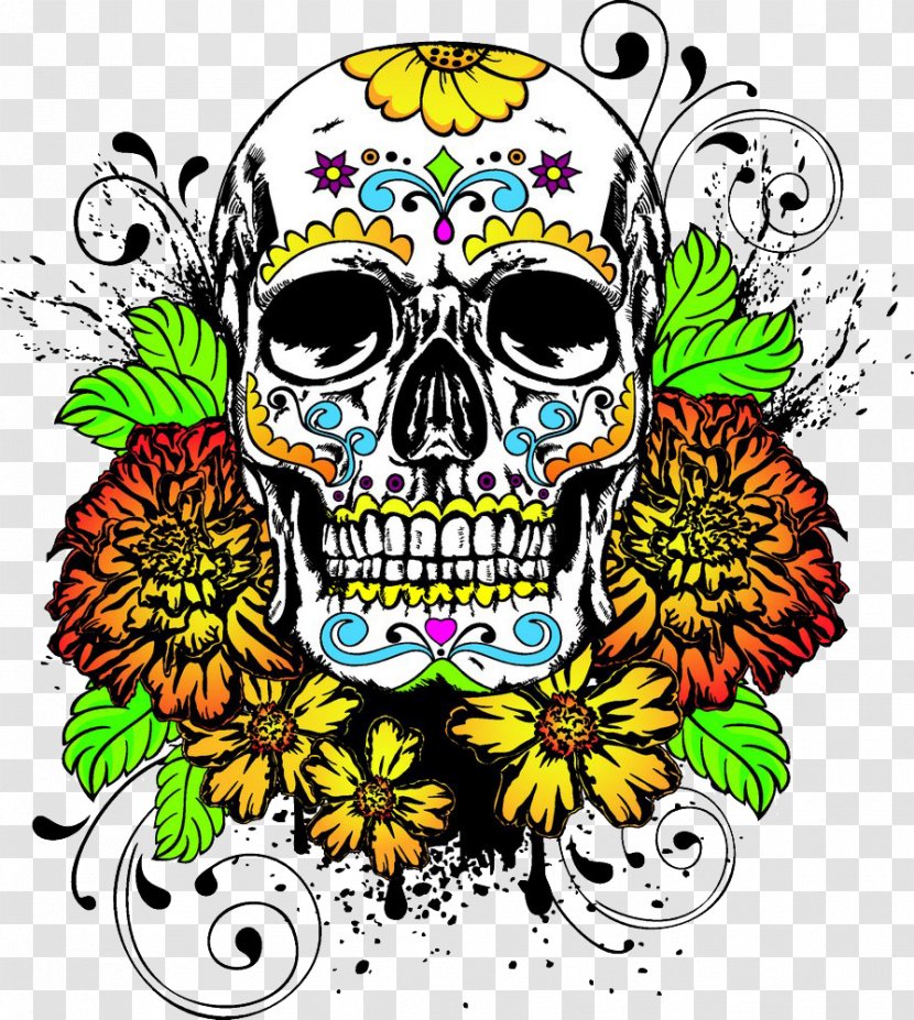 Calavera Marigold Day Of The Dead Human Skull Symbolism Death - Color Skeleton Head Transparent PNG