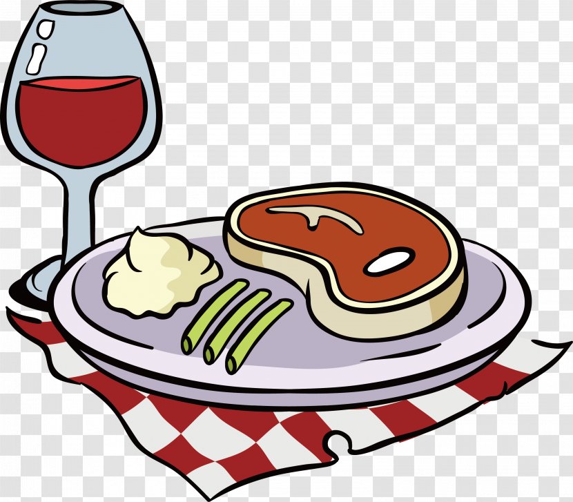 Red Wine Beefsteak Clip Art - Food - Plaid Tablecloth, Steak Transparent PNG