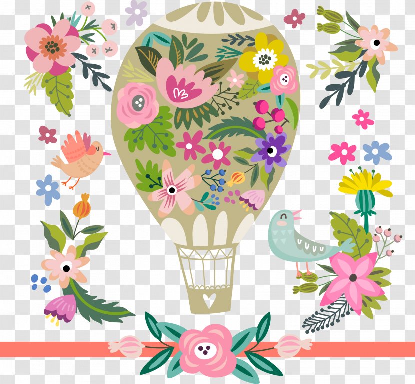 Cartoon Illustration - Flower - Flowers And A Hot Air Balloon Transparent PNG