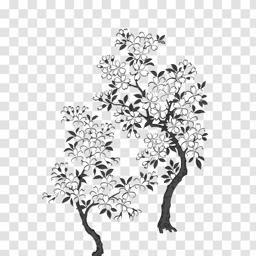 Black And White Cherry Blossom - Search Engine - Hand-painted Trees Buckle Free Material Transparent PNG