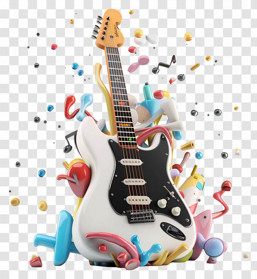 Rock N Roll - Decorative White Electric Guitar With Musical Elements Transparent PNG