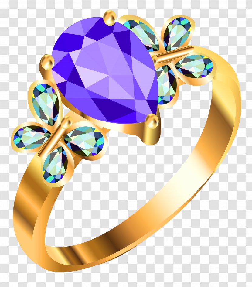 Earring Jewellery Clip Art - Chain - Gold Ring With Blue AndPurple Diamonds Clipart Transparent PNG