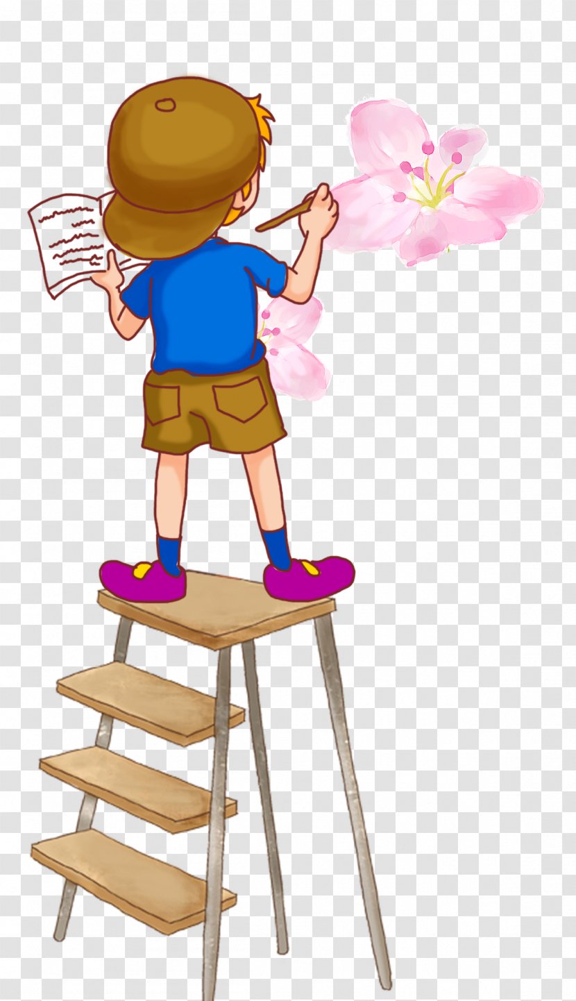 Painting Drawing Cartoon Illustration - Sitting - A Boy Standing On Ladder Transparent PNG