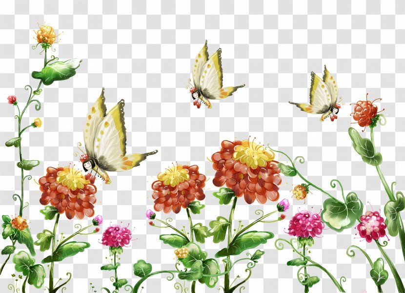 High-definition Television Display Resolution Image Wallpaper - Cut Flowers - Cartoon Flower Painting,Creative Butterfly Transparent PNG