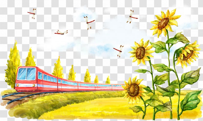 Fukei Poster Cartoon Illustration - Train With Sunflowers Transparent PNG