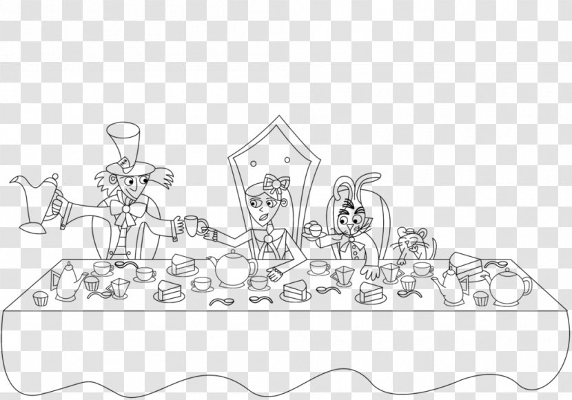 Tea Party Alice's Adventures In Wonderland Line Art White - Birthday Transparent PNG