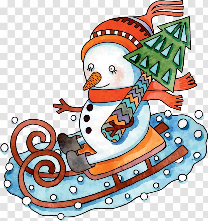 Sledding Snowman With A Scarf - Christmas - Santa Claus Transparent PNG