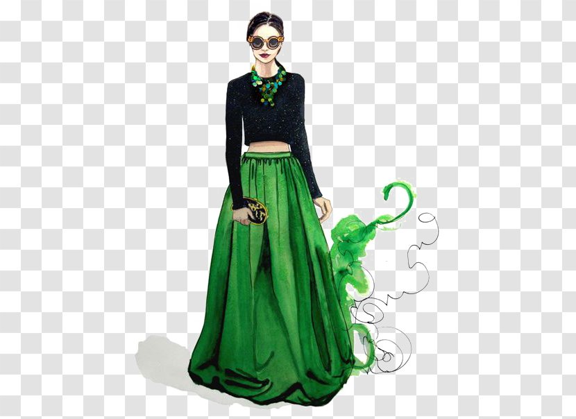 Fashion Illustration Drawing Design - Silhouette - Green Dress Transparent PNG