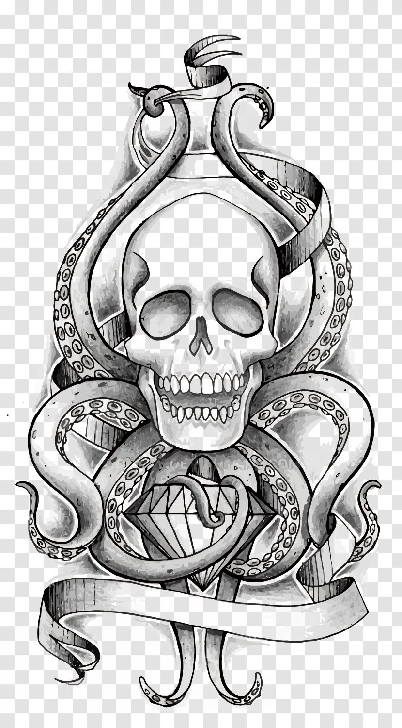 Octopus Skull Tentacle Human Skeleton - Tattoo - Vector Transparent PNG