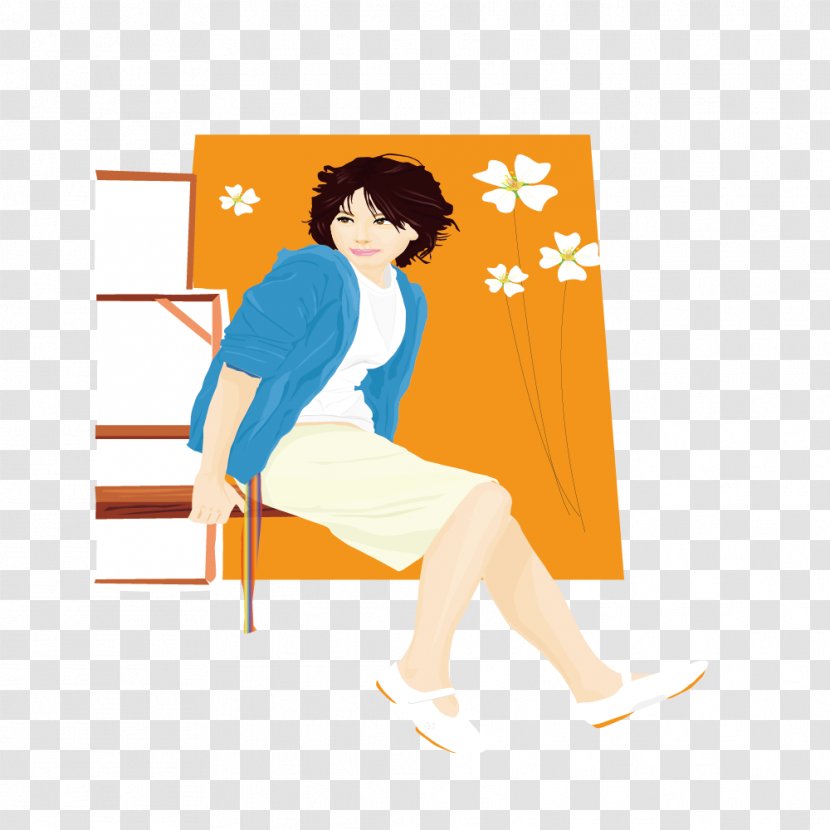 Cartoon Illustration - Flower - Sitting Woman With Short Hair Transparent PNG