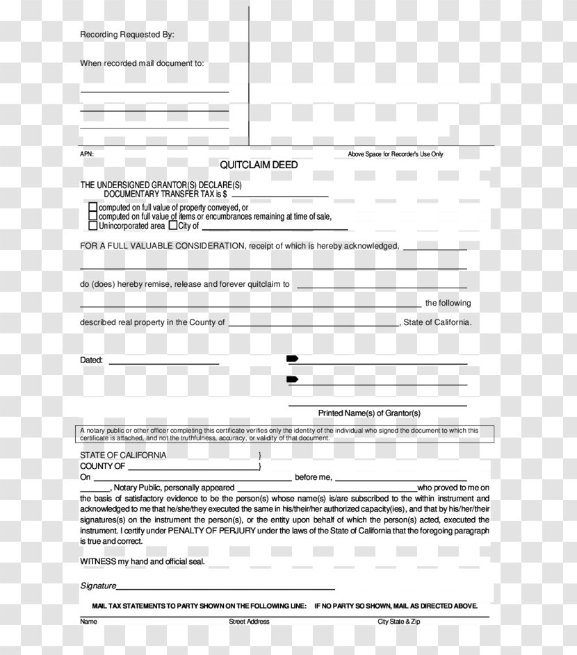 Quitclaim Deed California Document Grant - Area Transparent PNG