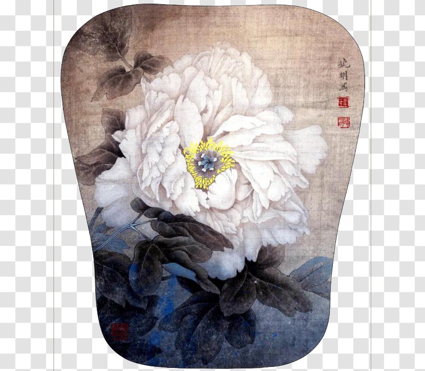 Ink Wash Painting Chinese Gongbi Art - Hand Fan - White Peony Background Material On The Transparent PNG