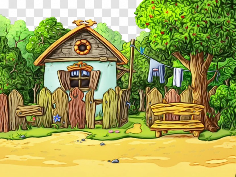 Cartoon Adventure Game Tree Landscape Painting - Hut - House Transparent PNG