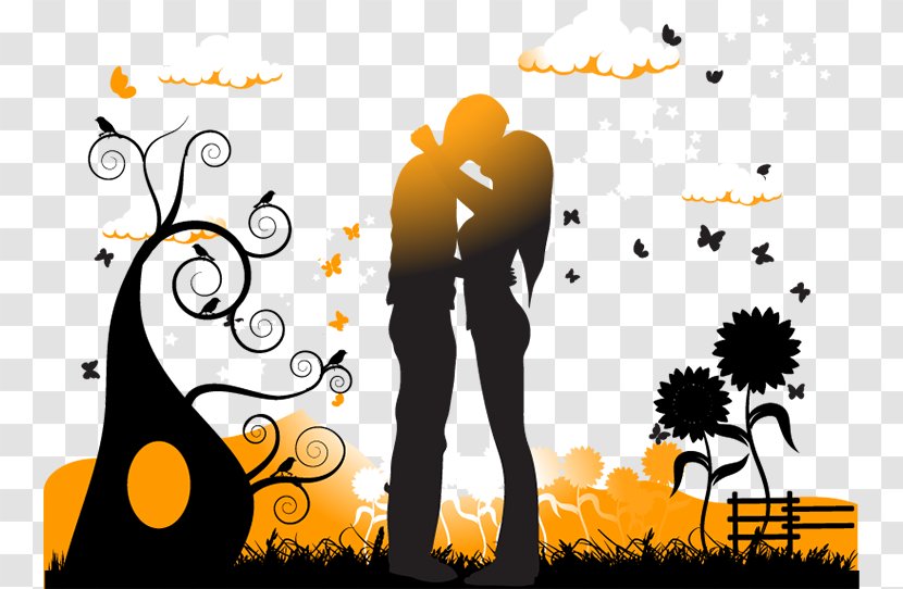 Kiss Silhouette Couple Illustration - Yellow - Vector Sunlit Transparent PNG