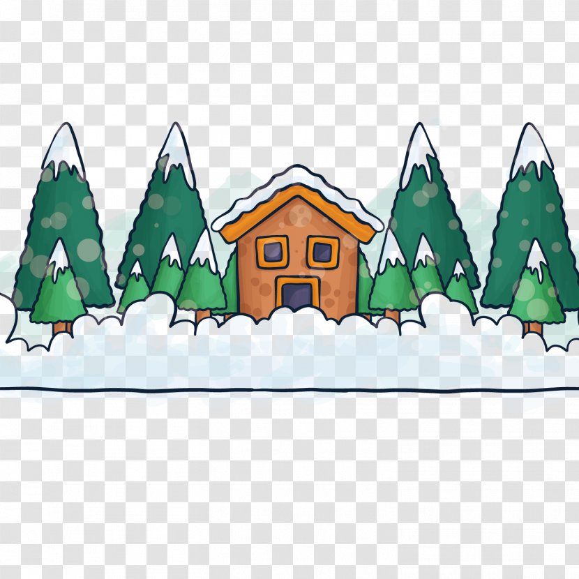 Winter Tree Drawing - Forest - Hand-painted Background With Houses Trees Transparent PNG