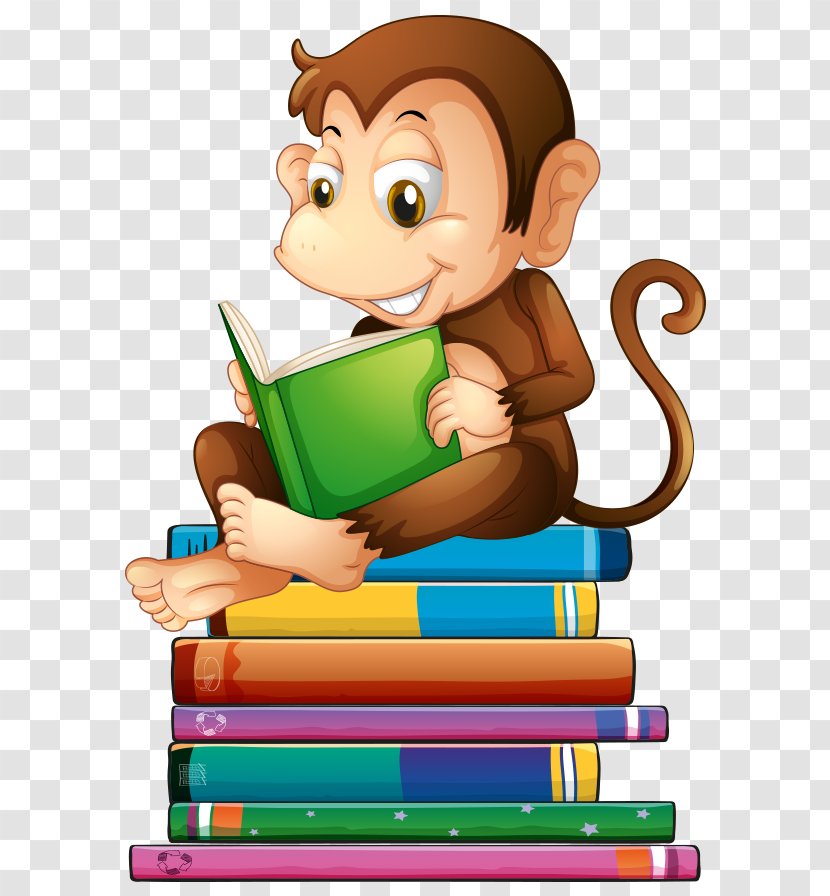 Monkey Book Chimpanzee Reading Stock Photography Clip Art - Hand - Hand-painted Cartoon A Sitting On Books Transparent PNG