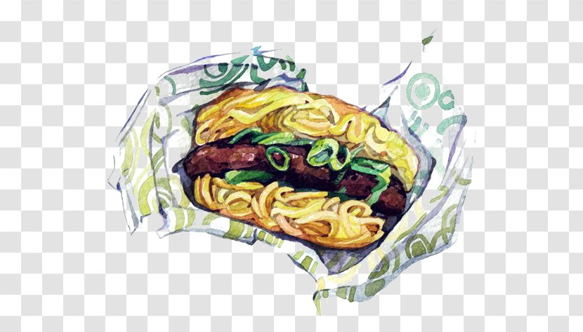 Hamburger Ramen Watercolor Painting Illustrator Illustration - Food - Bread Painted Transparent PNG