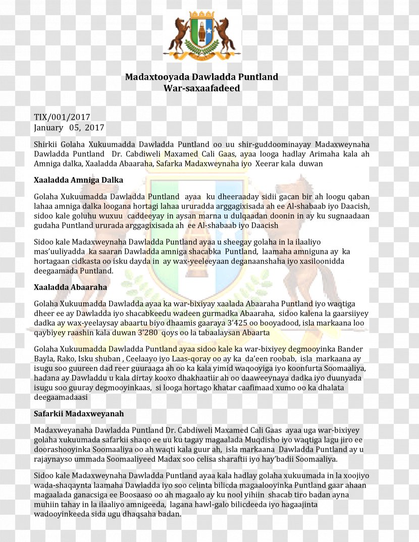 War In Somalia Las Anod Garowe Online Madaxtooyada Puntland - Abdirahman Farole Transparent PNG