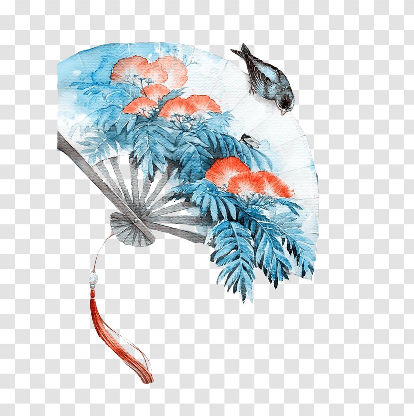 Paper Bird Hand Fan - Ink Wash Painting - Blue Ancient Wind Material Free To Pull Transparent PNG