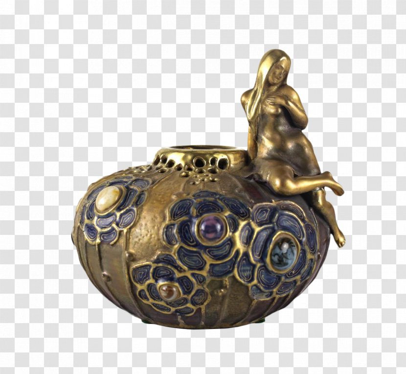 01504 Ceramic Artifact - Brass - Bronze Drum Vase Design Transparent PNG